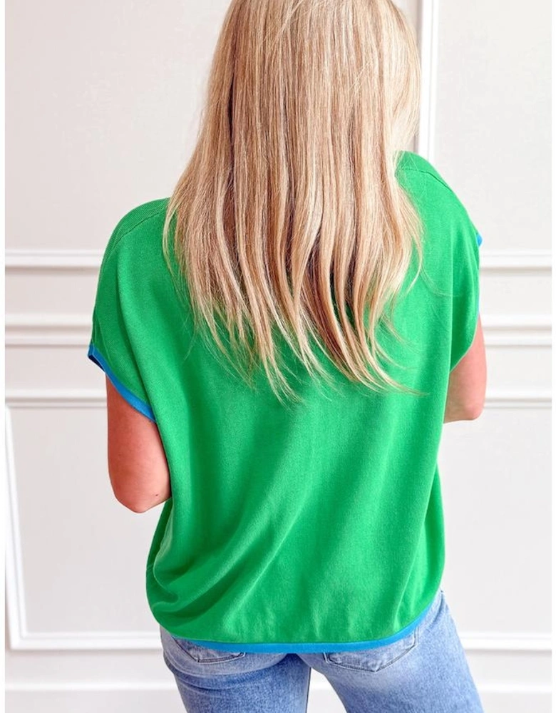 Green Contrast Trim Round Neck Short Sleeve Loose Knit Sweater