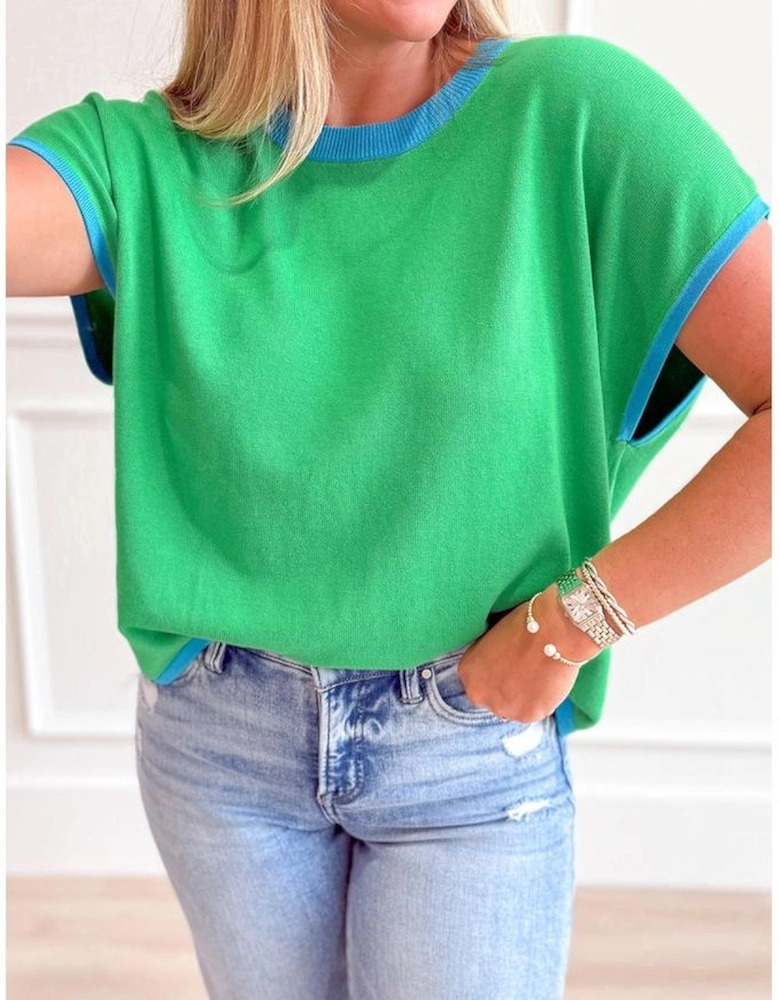 Green Contrast Trim Round Neck Short Sleeve Loose Knit Sweater