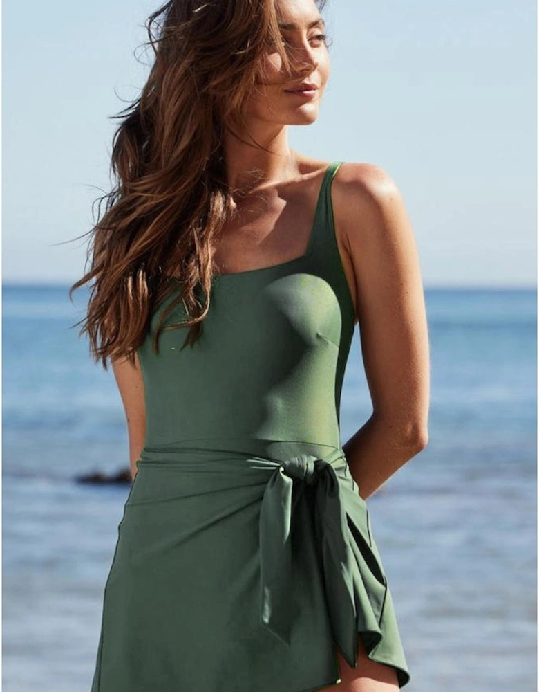 Mist Green Side Tied Waist Square Neck Adjustable Straps A-line One Piece Swim Dress