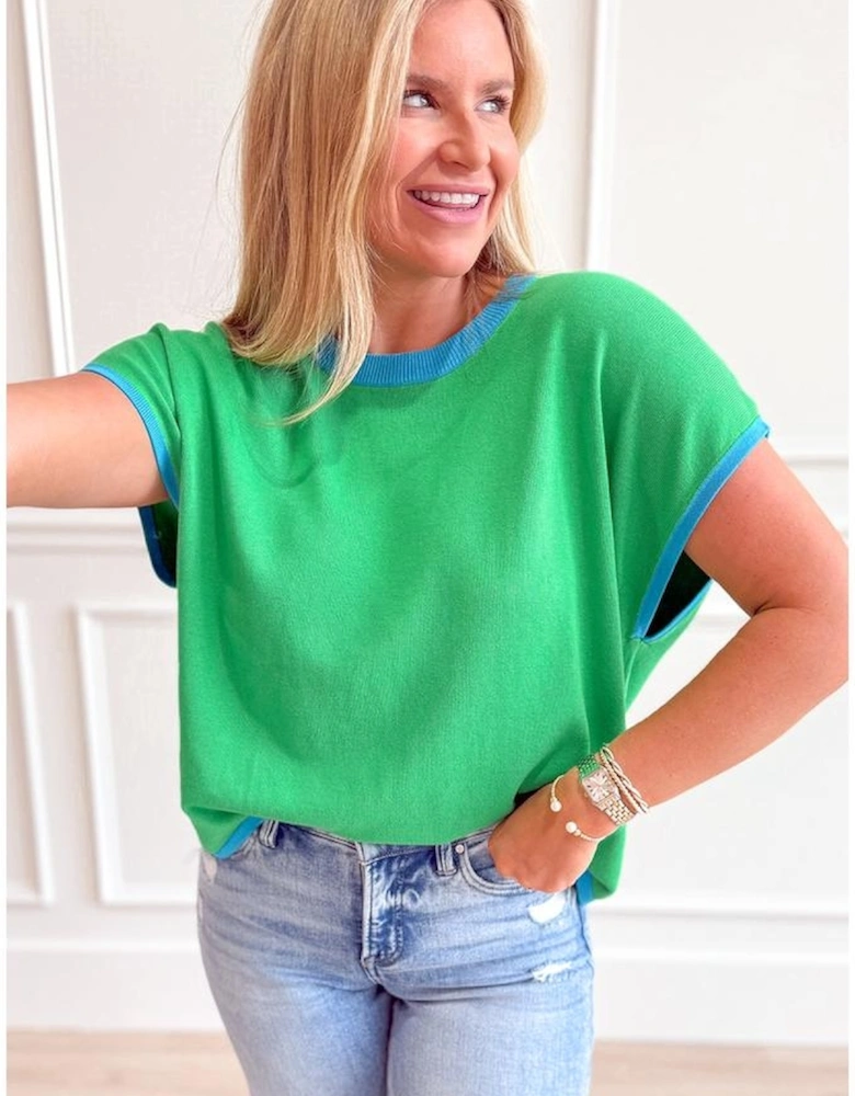 Green Contrast Trim Round Neck Short Sleeve Loose Knit Sweater