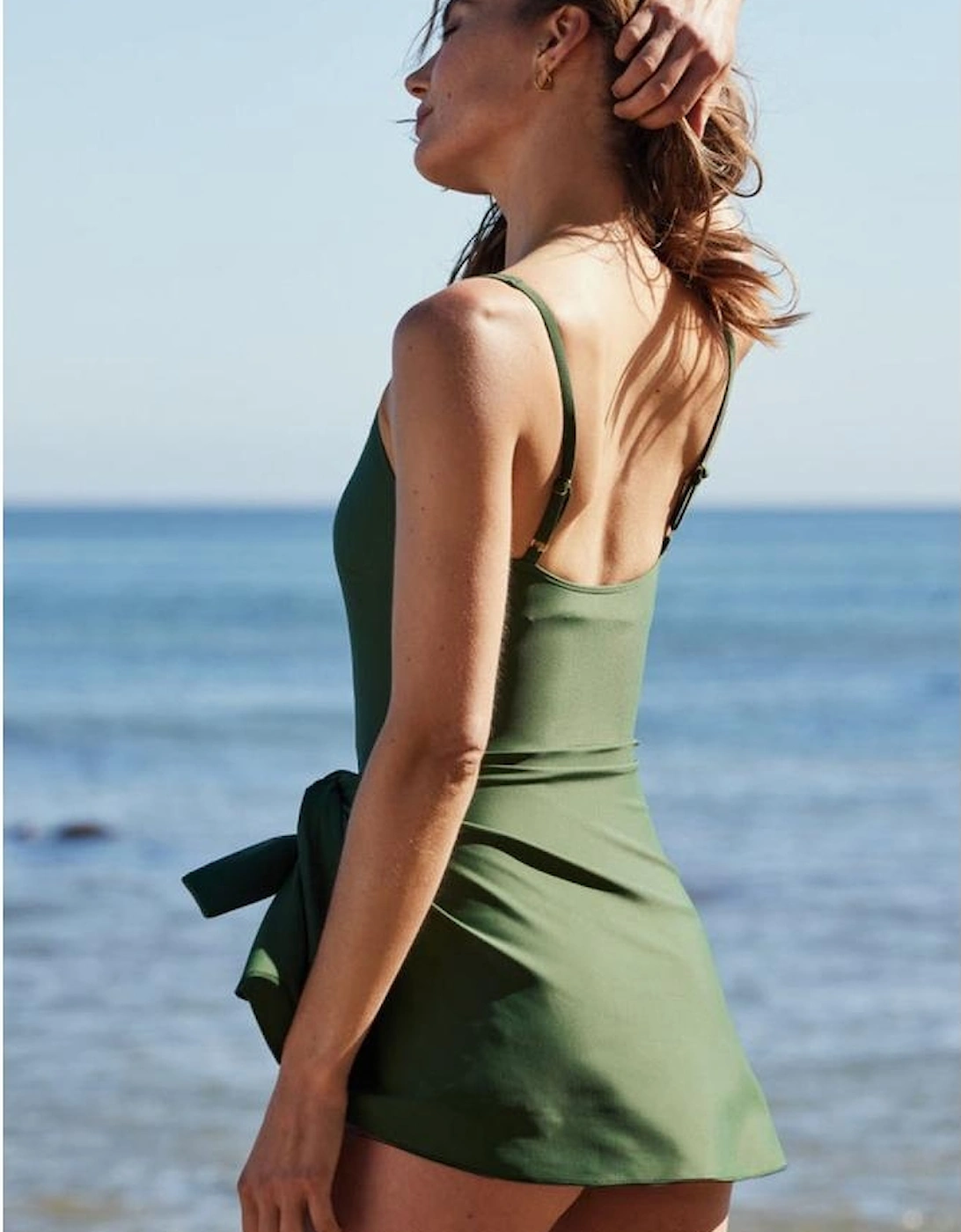 Mist Green Side Tied Waist Square Neck Adjustable Straps A-line One Piece Swim Dress