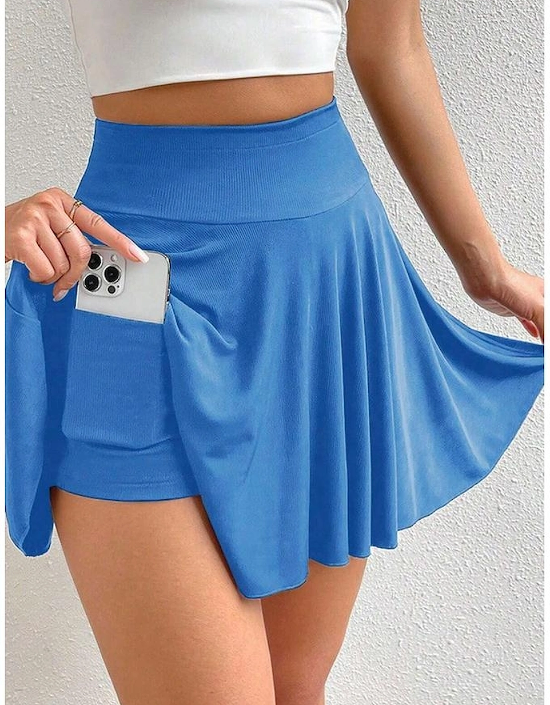 Blue A-line Draped High Waist Phone Pocket Lined Skort