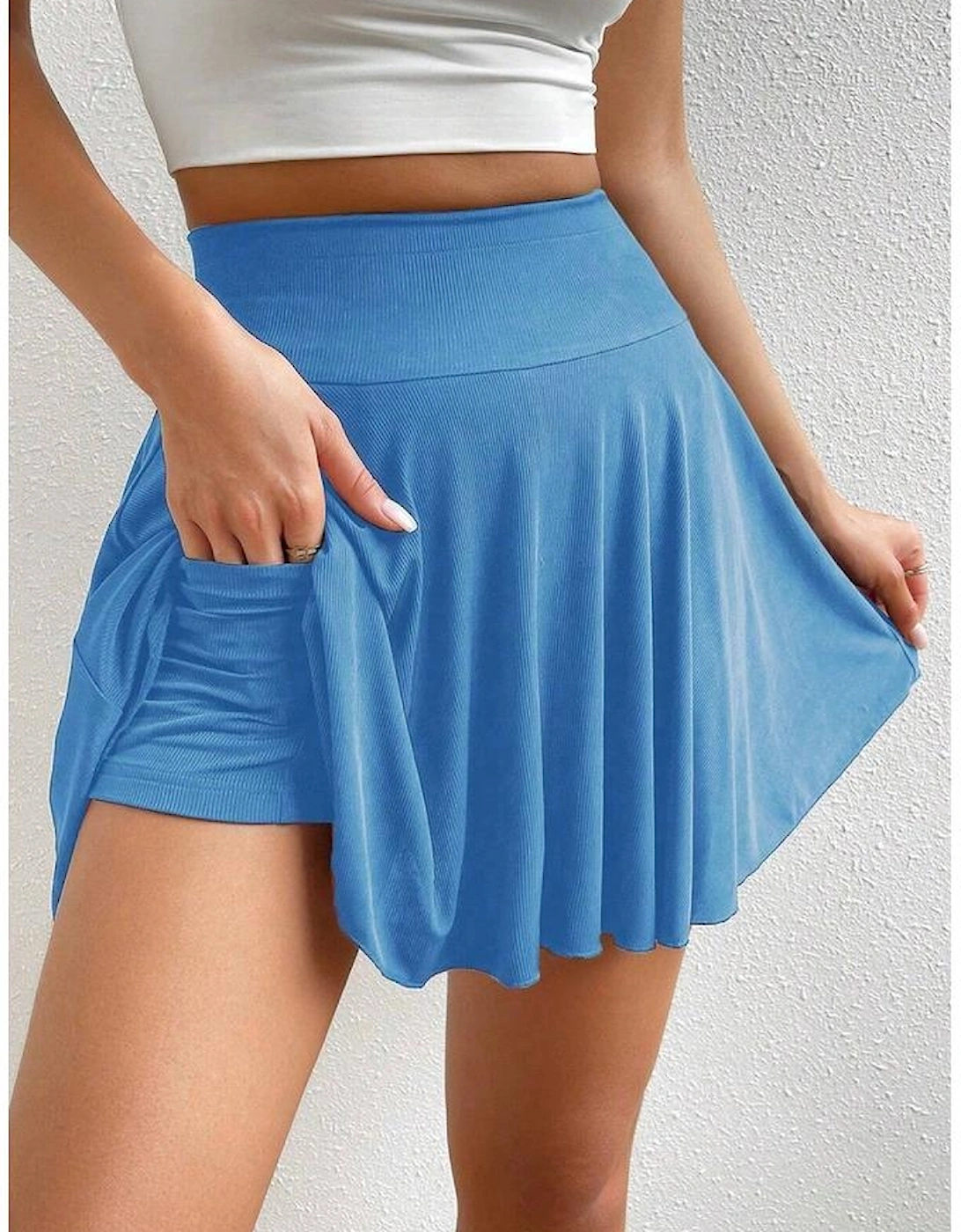 Blue A-line Draped High Waist Phone Pocket Lined Skort