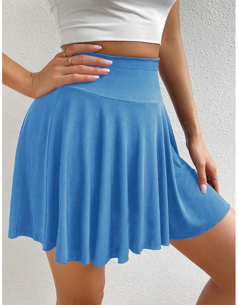 Blue A-line Draped High Waist Phone Pocket Lined Skort