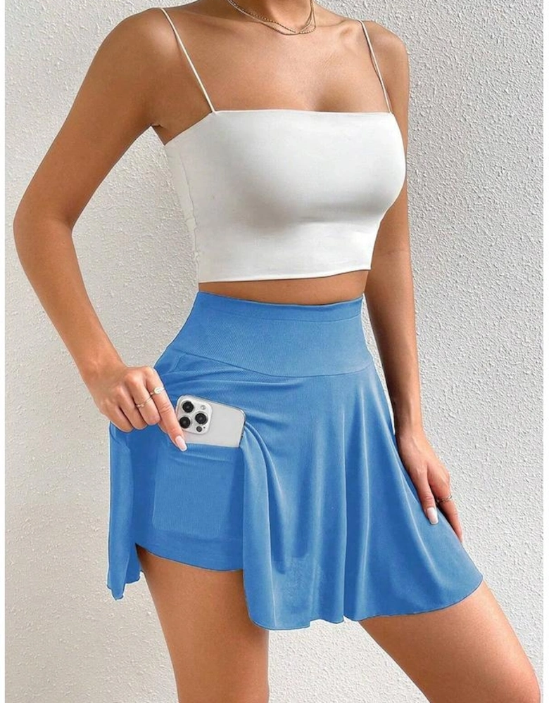 Blue A-line Draped High Waist Phone Pocket Lined Skort