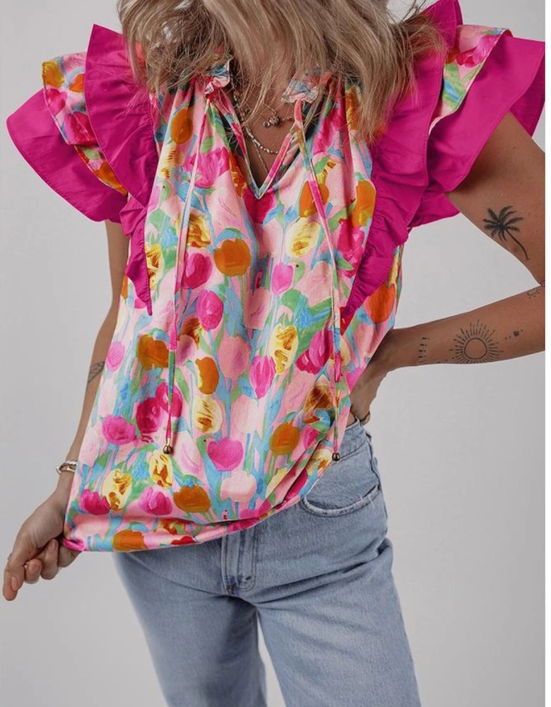 Pink Floral Layered Ruffle Flutter Sleeve Tie V Neck Blouse