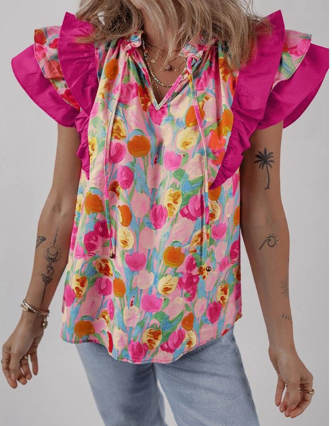 Pink Floral Layered Ruffle Flutter Sleeve Tie V Neck Blouse