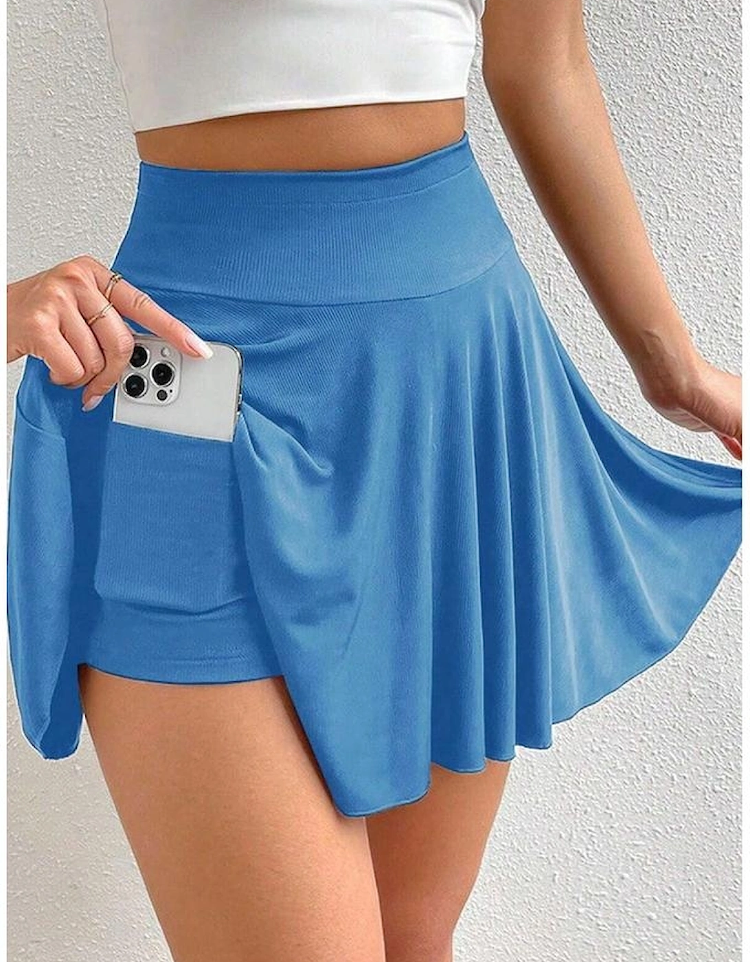 Blue A-line Draped High Waist Phone Pocket Lined Skort