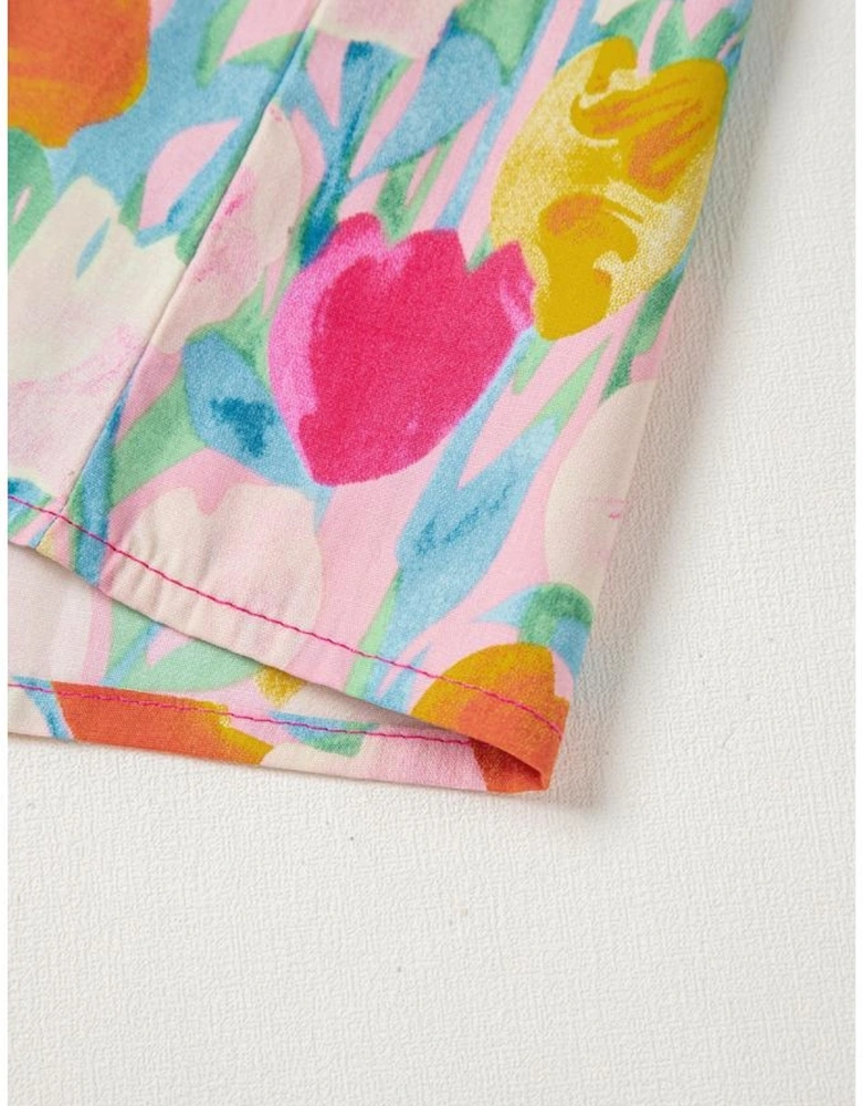 Pink Floral Layered Ruffle Flutter Sleeve Tie V Neck Blouse