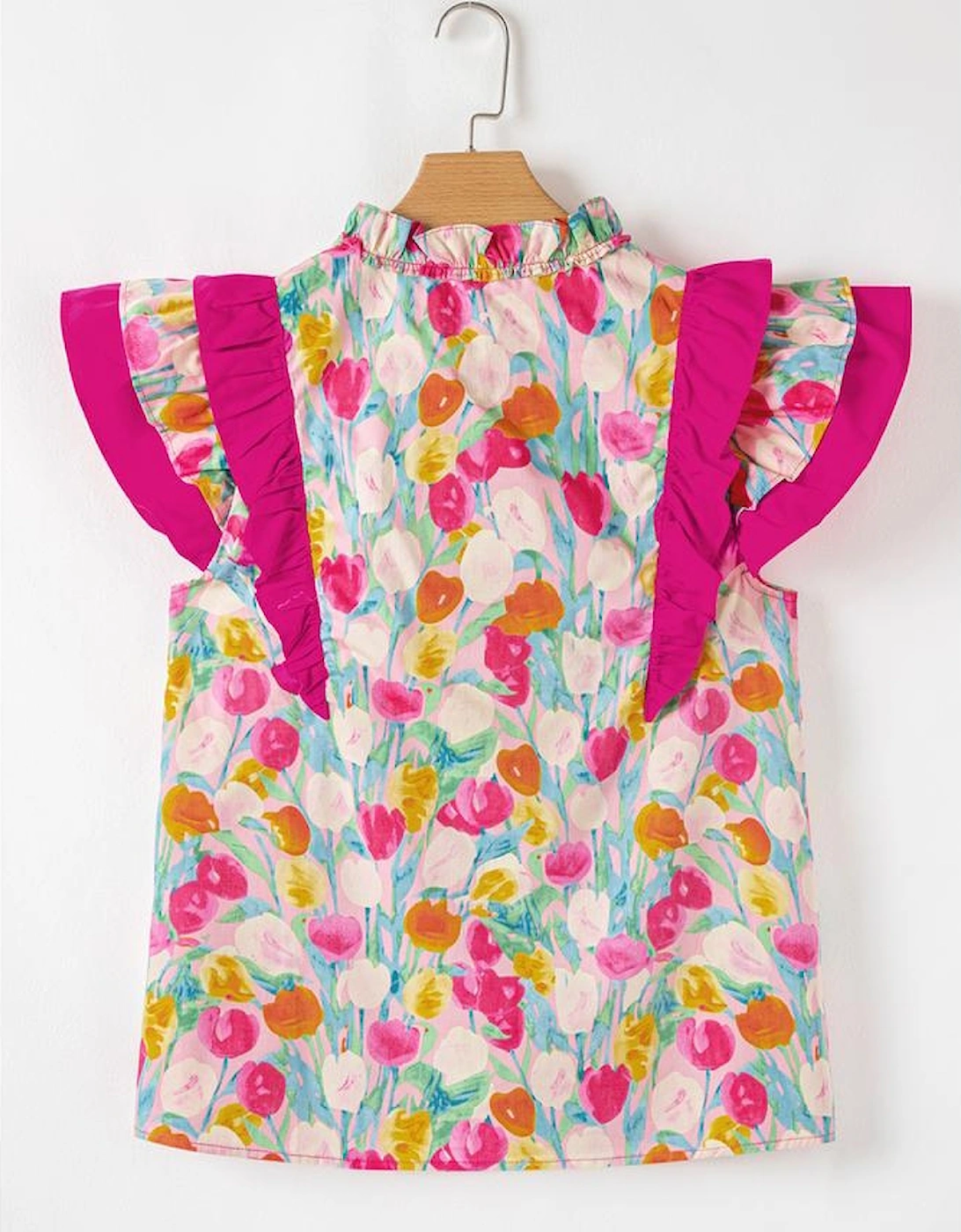 Pink Floral Layered Ruffle Flutter Sleeve Tie V Neck Blouse