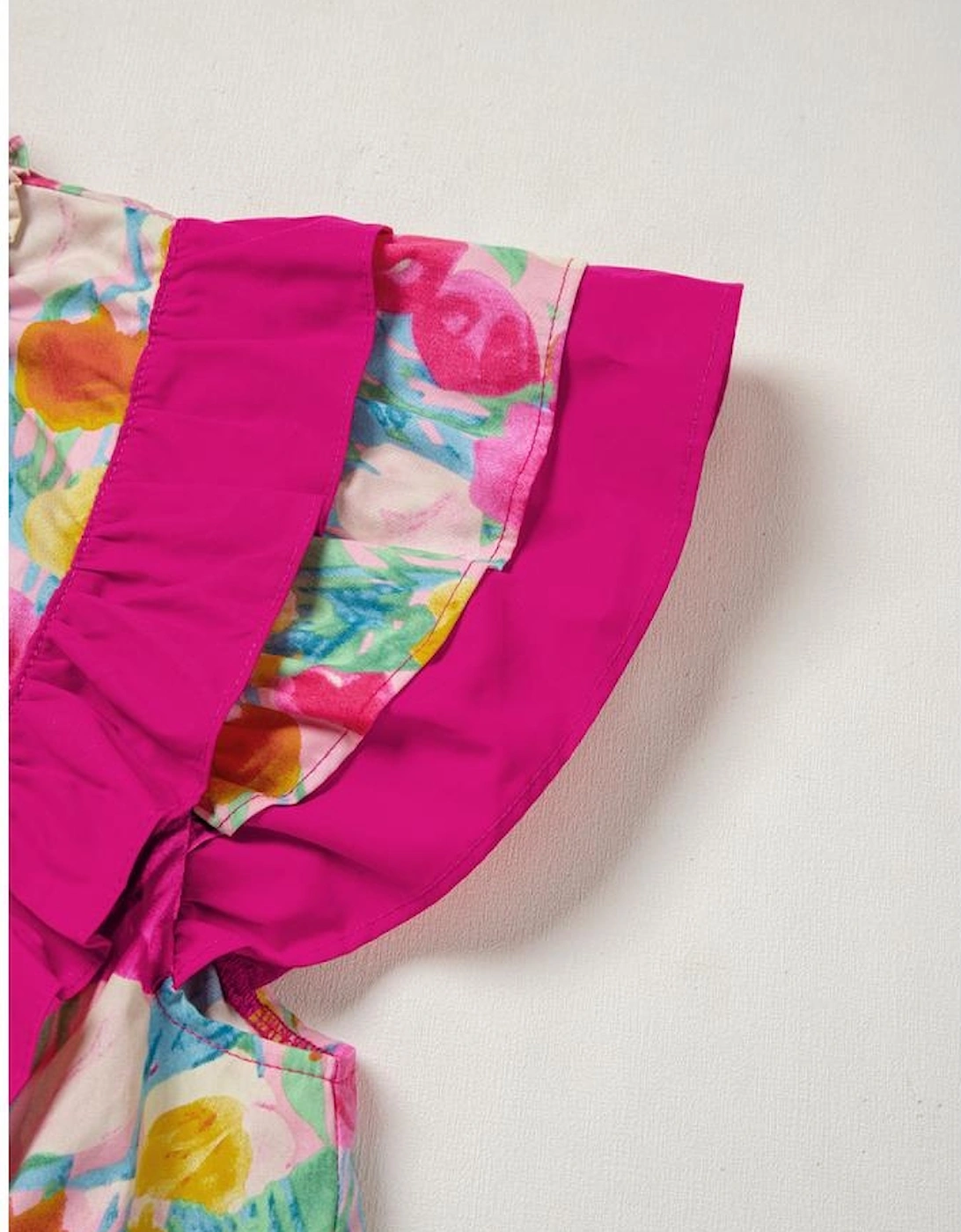 Pink Floral Layered Ruffle Flutter Sleeve Tie V Neck Blouse