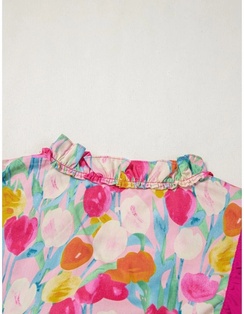 Pink Floral Layered Ruffle Flutter Sleeve Tie V Neck Blouse