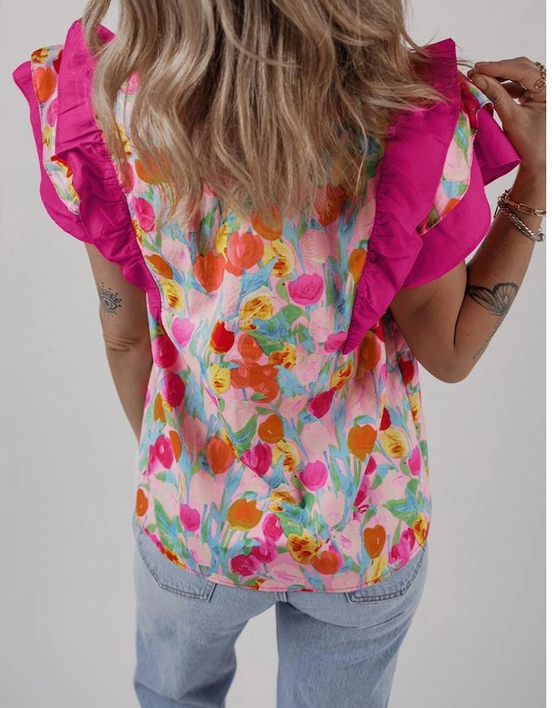 Pink Floral Layered Ruffle Flutter Sleeve Tie V Neck Blouse, 11 of 10