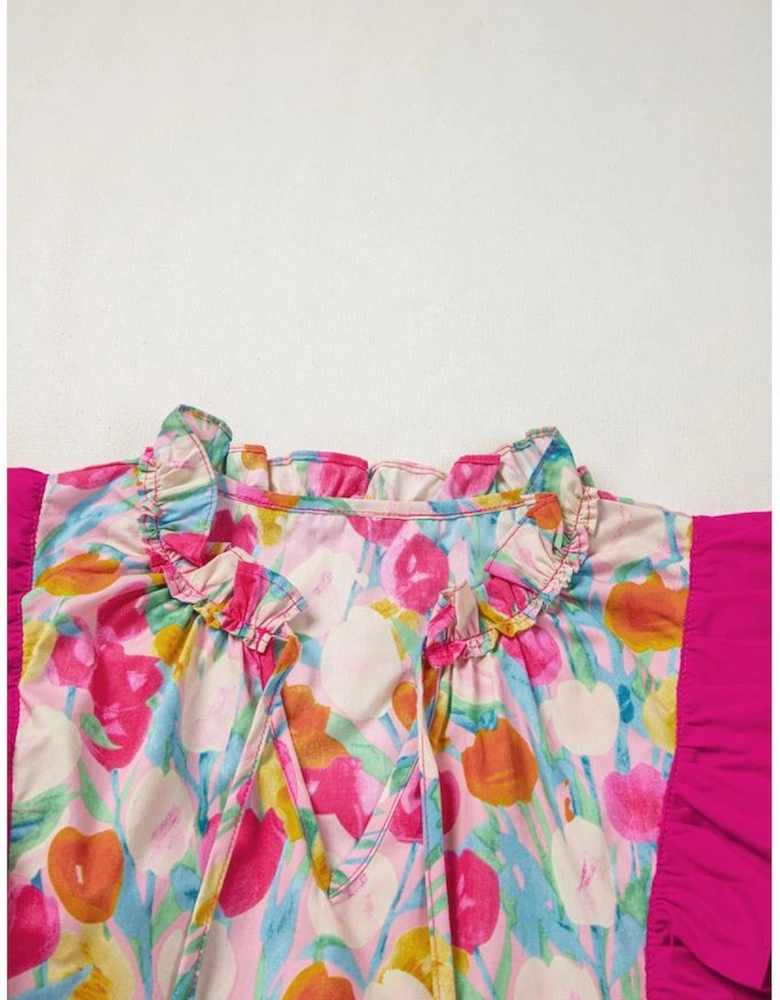 Pink Floral Layered Ruffle Flutter Sleeve Tie V Neck Blouse