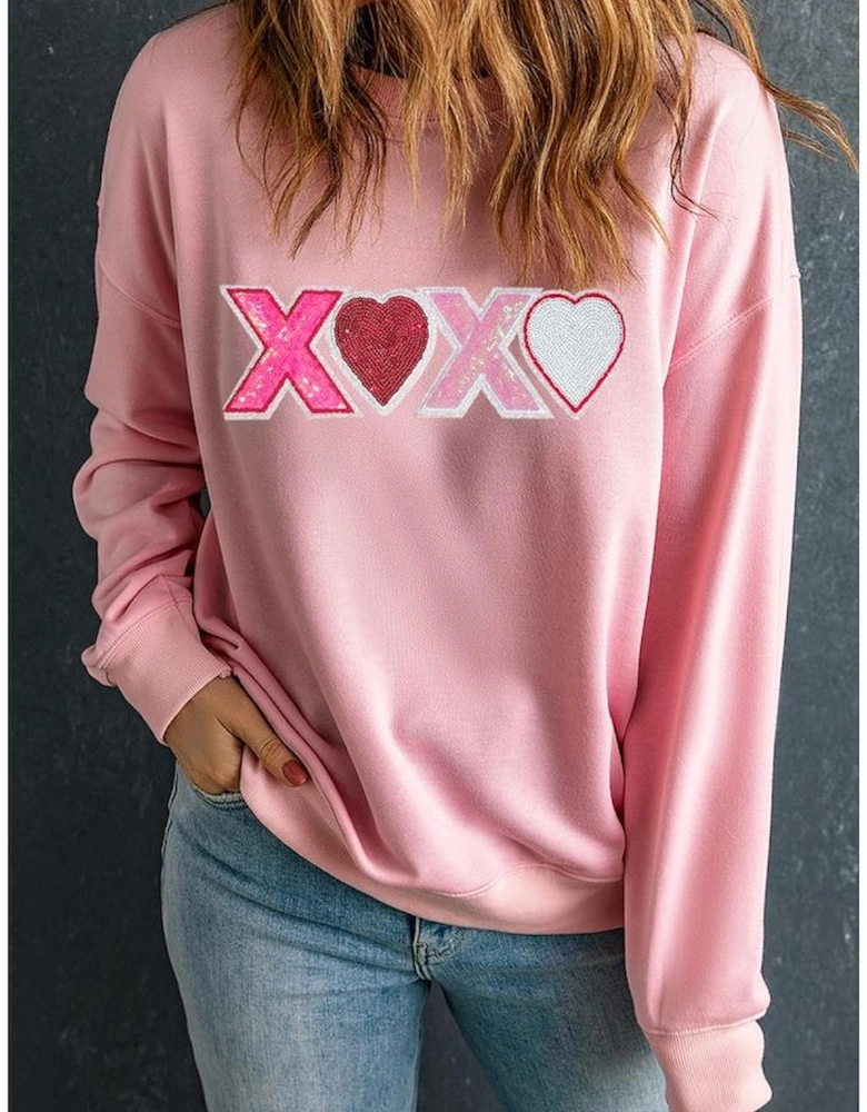 Pink Sequin Heart XOXO Graphic Drop Shoulder Valentines Sweatshirt