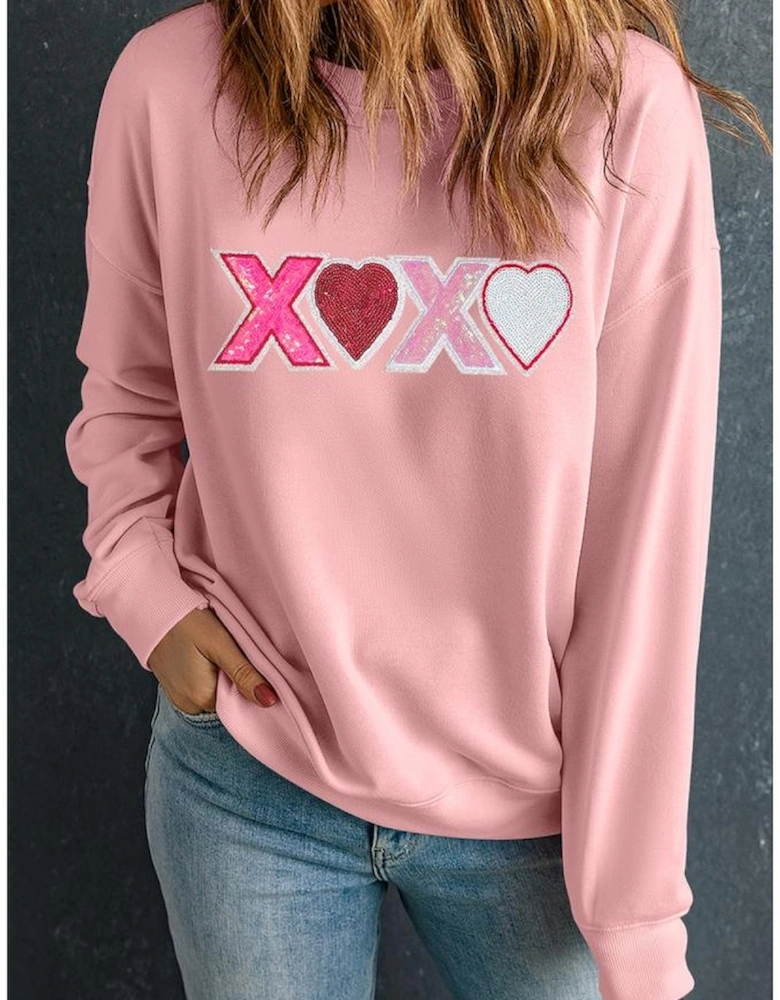 Pink Sequin Heart XOXO Graphic Drop Shoulder Valentines Sweatshirt