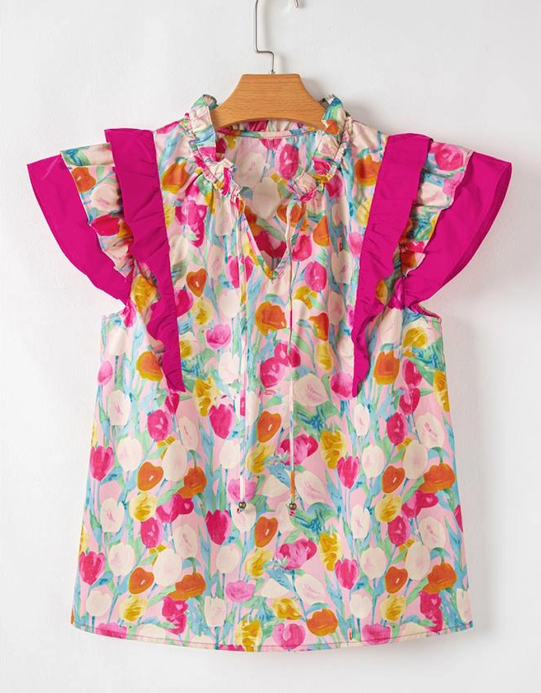 Pink Floral Layered Ruffle Flutter Sleeve Tie V Neck Blouse