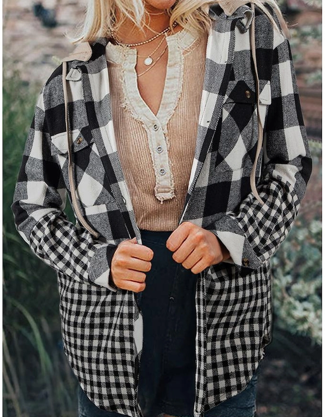 Black Double Plaid Patchwork Drawstring Hooded Shacket