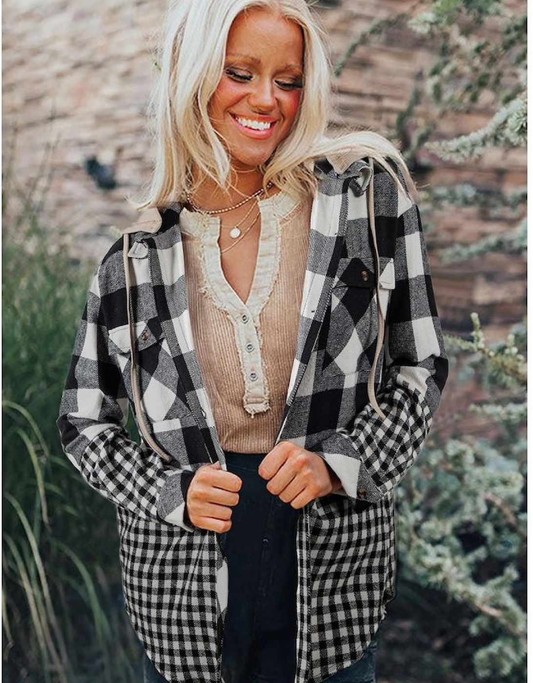 Black Double Plaid Patchwork Drawstring Hooded Shacket