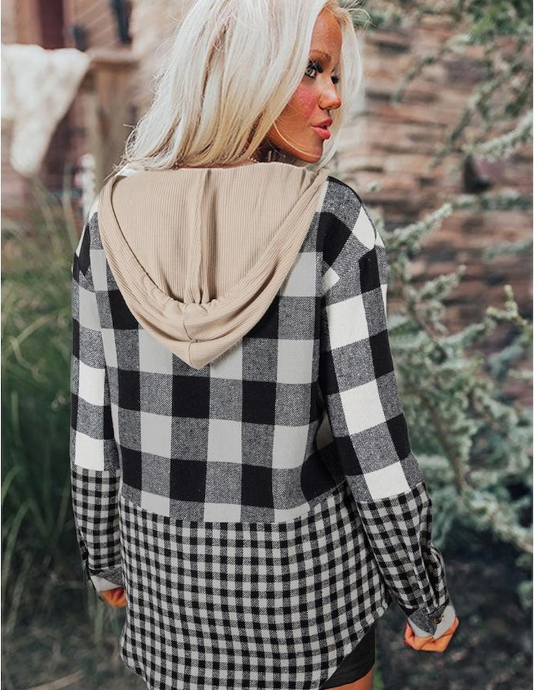 Black Double Plaid Patchwork Drawstring Hooded Shacket