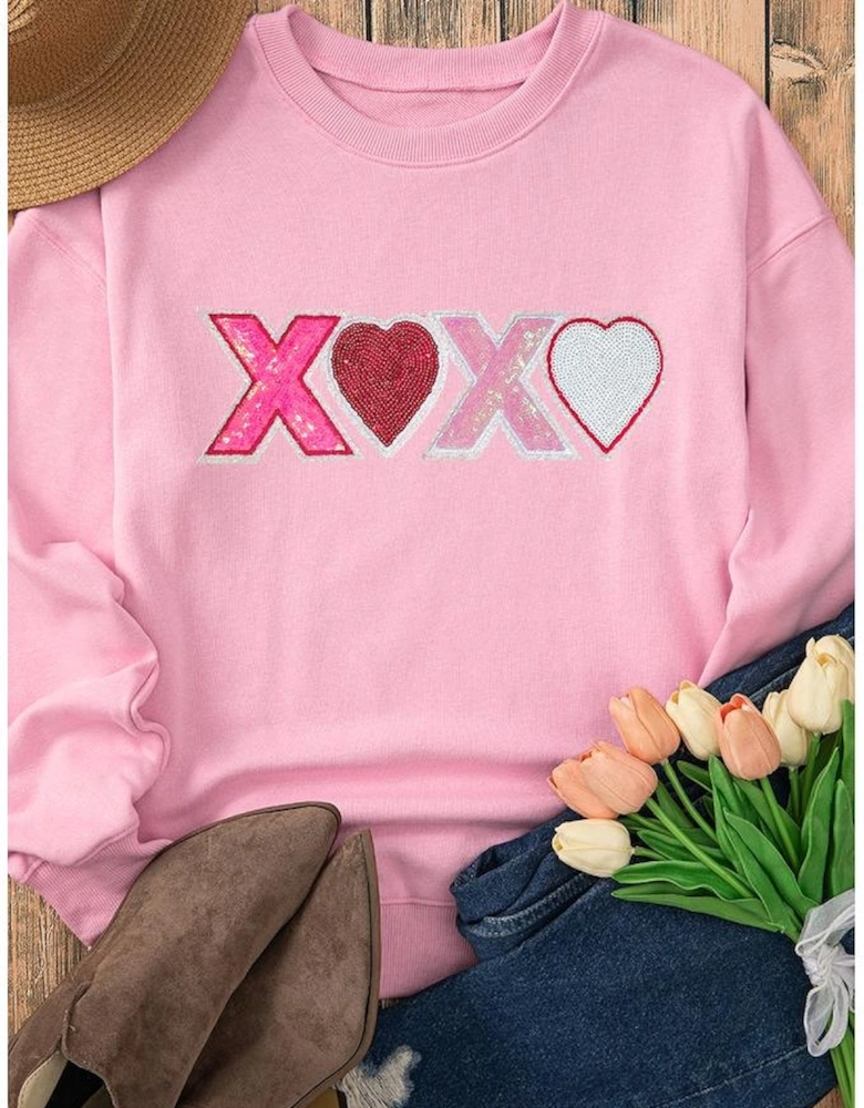 Pink Sequin Heart XOXO Graphic Drop Shoulder Valentines Sweatshirt