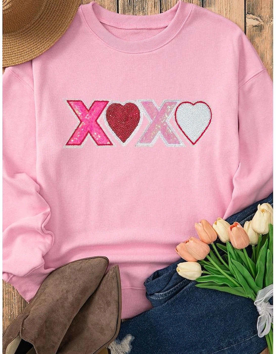 Pink Sequin Heart XOXO Graphic Drop Shoulder Valentines Sweatshirt, 5 of 4