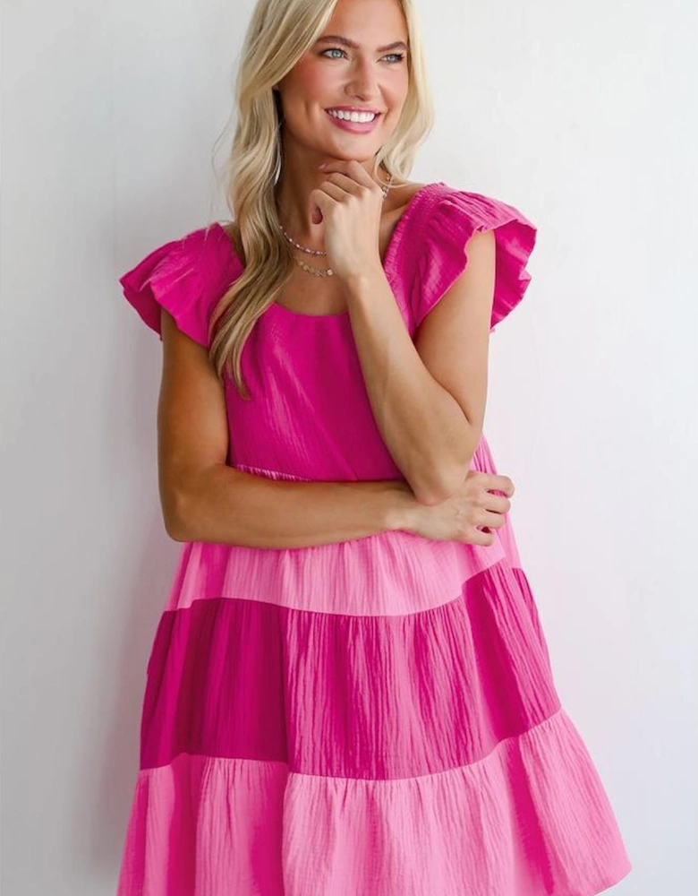 Pink Crinkled Colorblock Patchwork Flutter Tiered Mini Dress