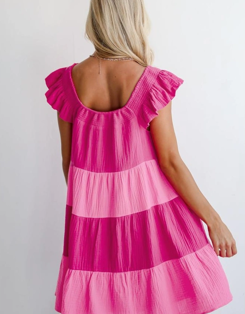 Pink Crinkled Colorblock Patchwork Flutter Tiered Mini Dress