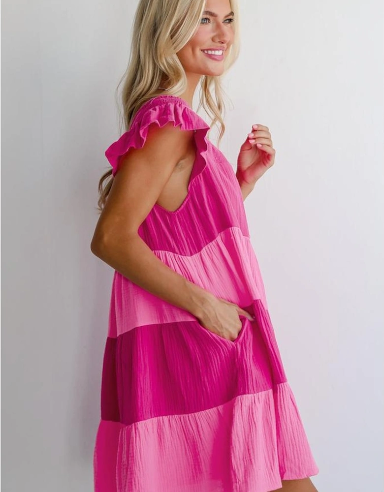 Pink Crinkled Colorblock Patchwork Flutter Tiered Mini Dress