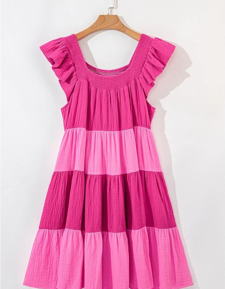 Pink Crinkled Colorblock Patchwork Flutter Tiered Mini Dress