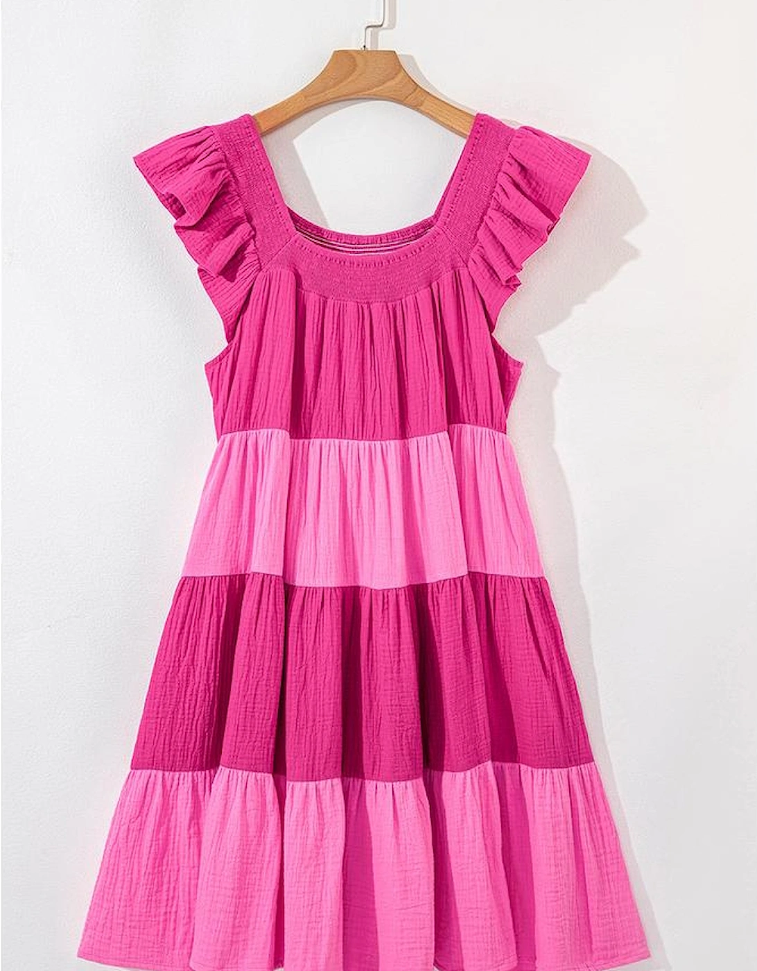 Pink Crinkled Colorblock Patchwork Flutter Tiered Mini Dress