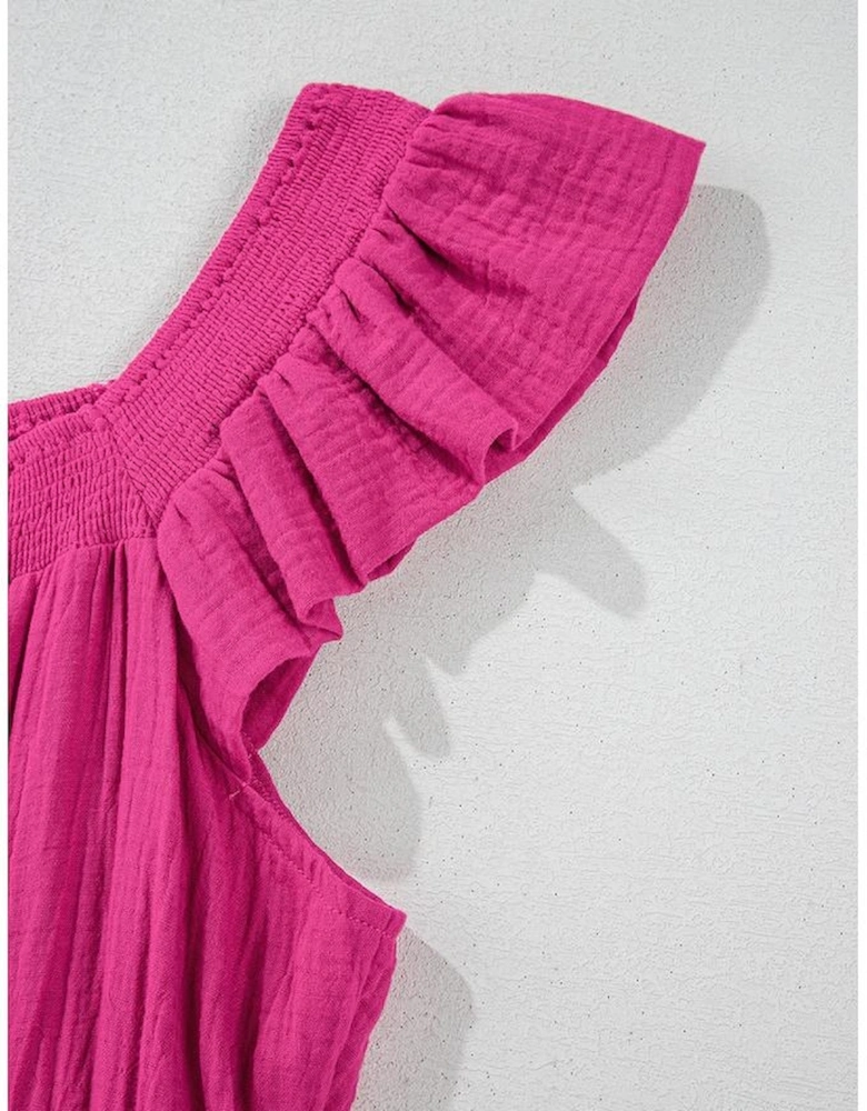 Pink Crinkled Colorblock Patchwork Flutter Tiered Mini Dress