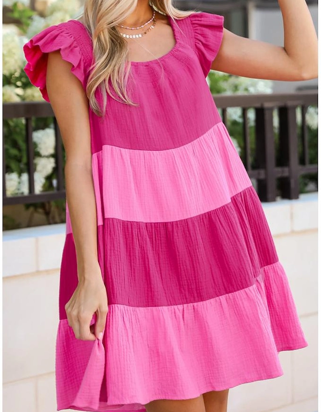 Pink Crinkled Colorblock Patchwork Flutter Tiered Mini Dress