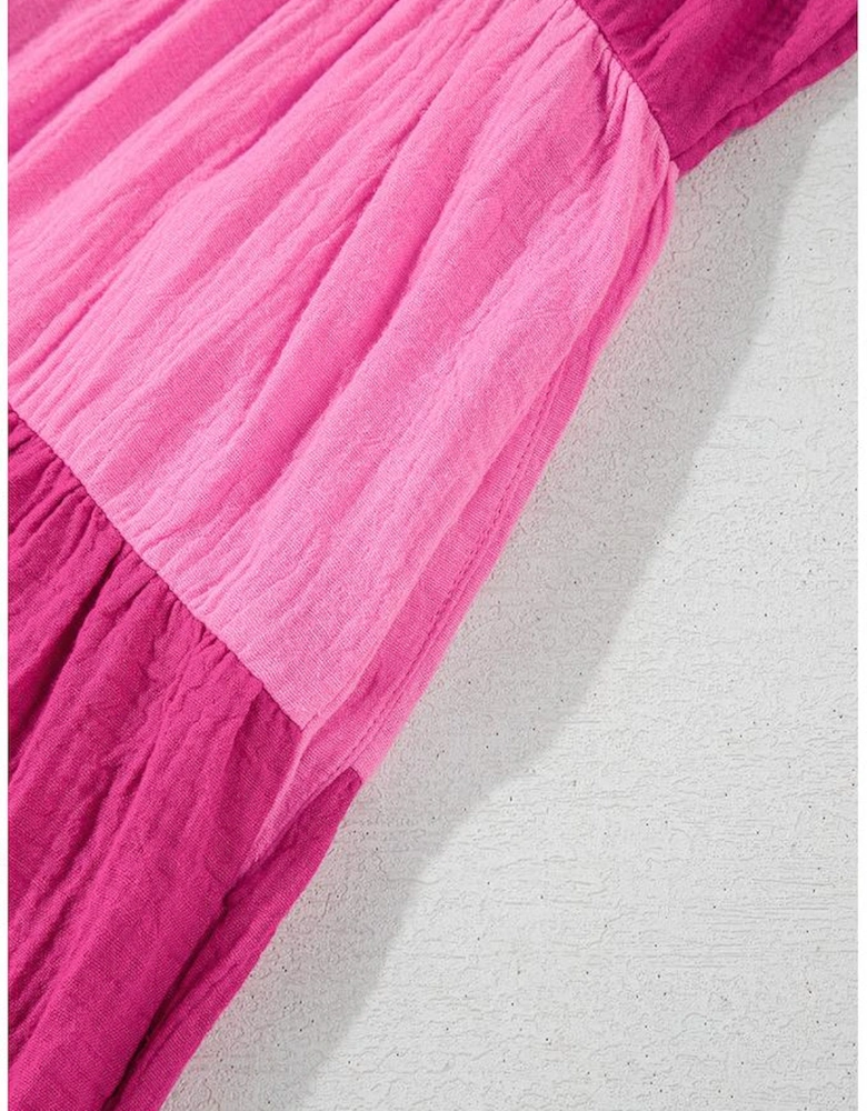 Pink Crinkled Colorblock Patchwork Flutter Tiered Mini Dress