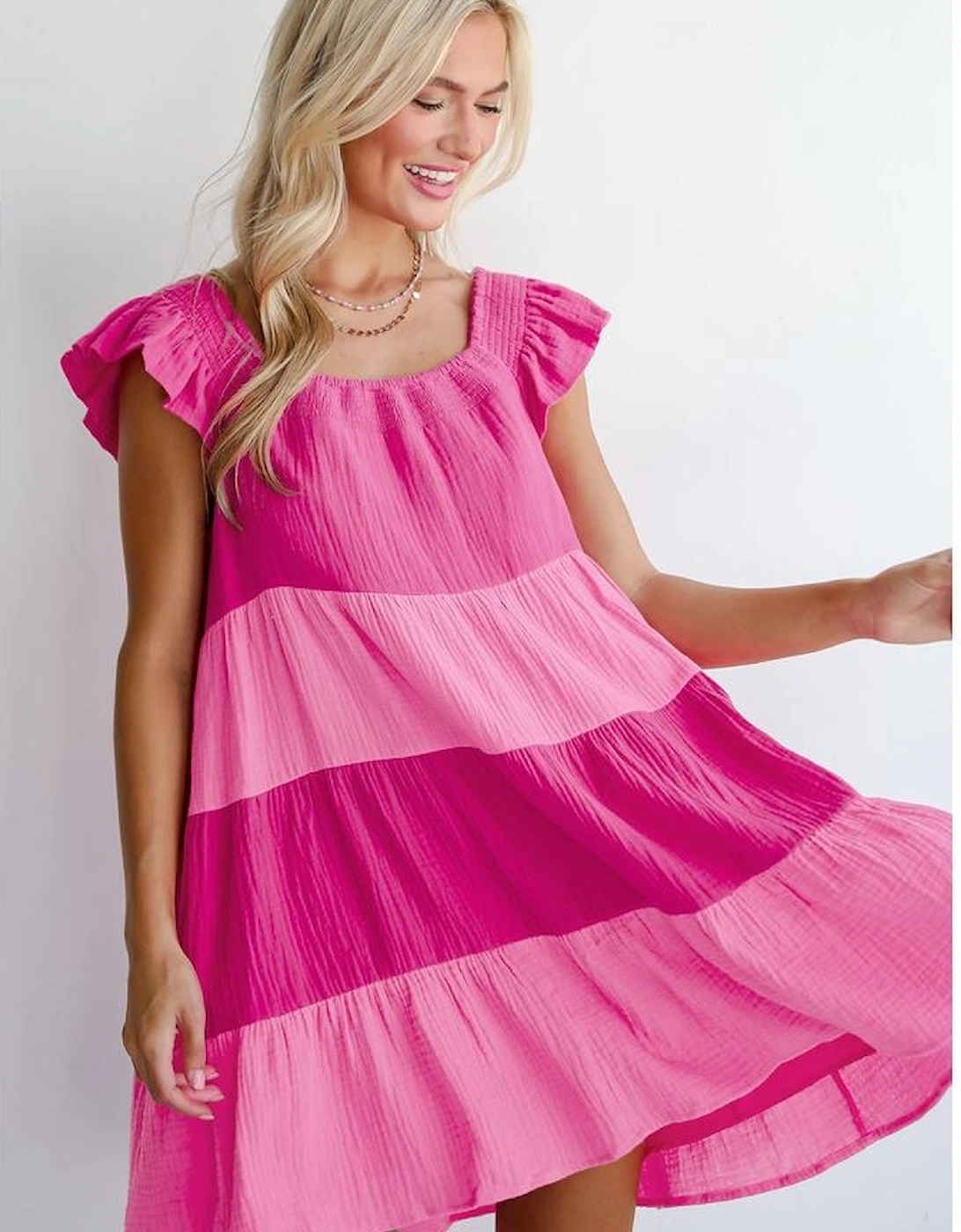 Pink Crinkled Colorblock Patchwork Flutter Tiered Mini Dress