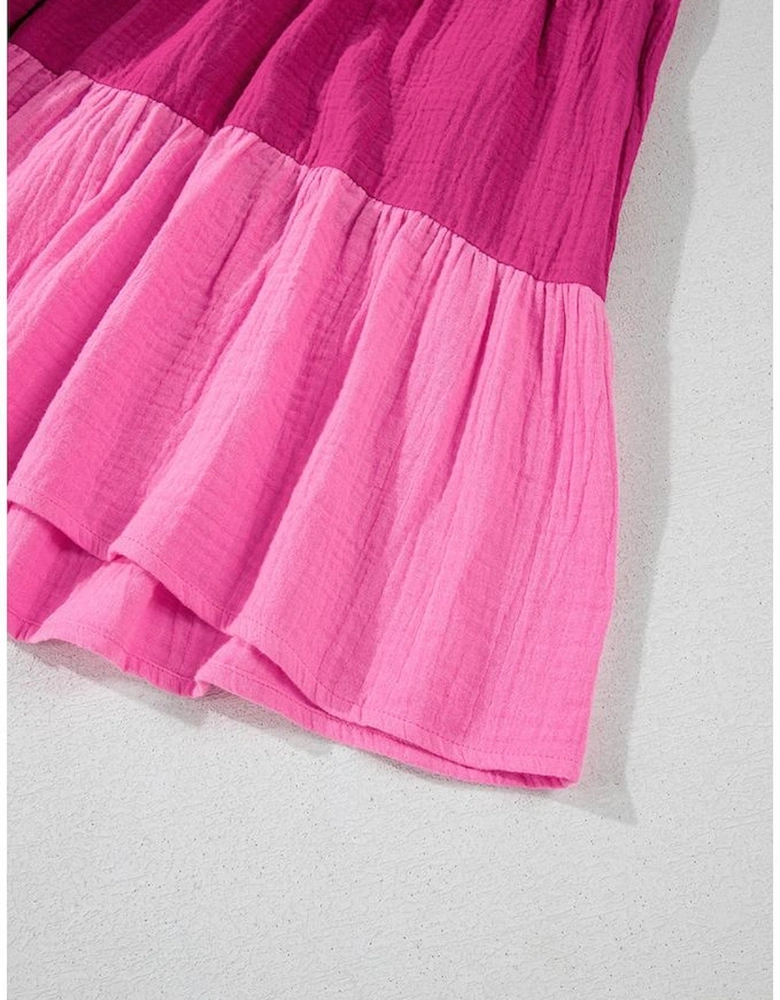 Pink Crinkled Colorblock Patchwork Flutter Tiered Mini Dress