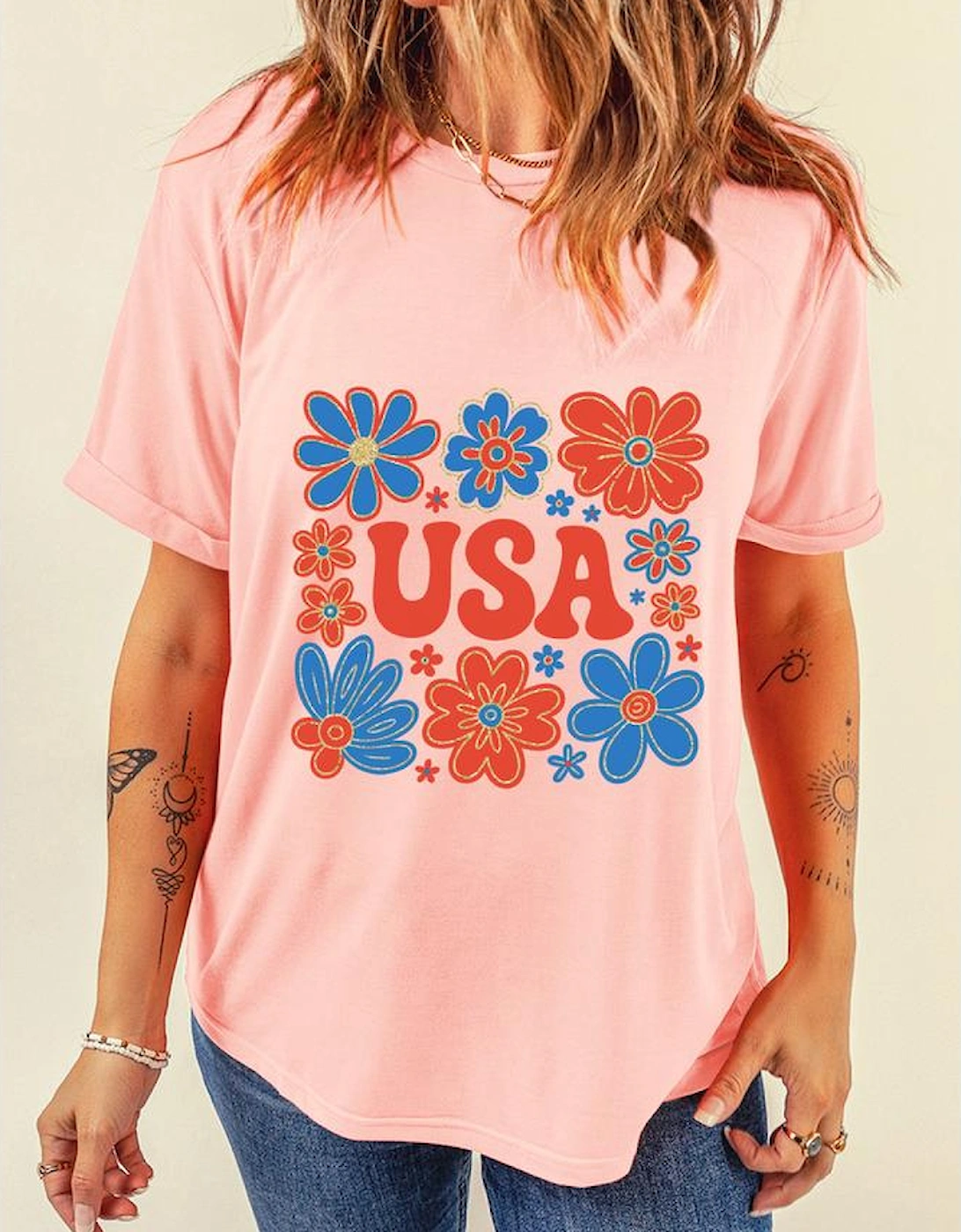 Pink Shimmer Flower USA Letter Printed Casual T Shirt