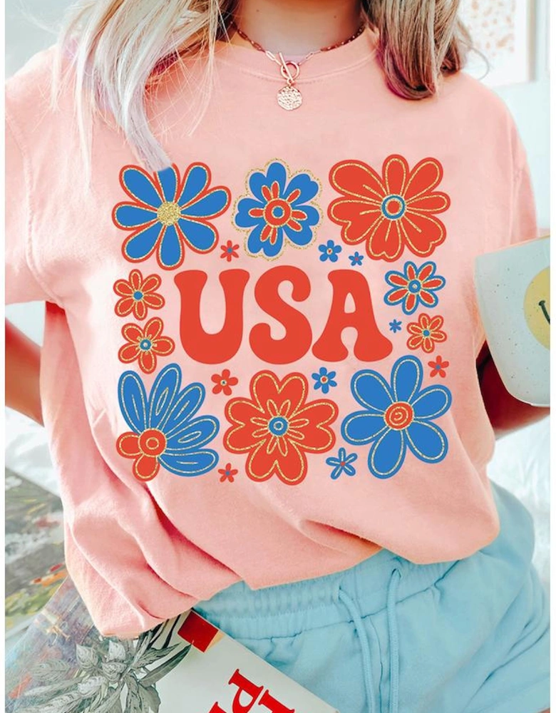 Pink Shimmer Flower USA Letter Printed Casual T Shirt