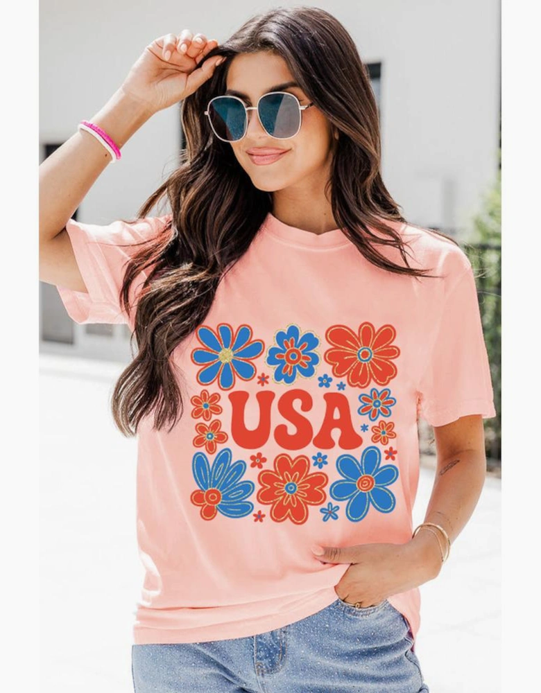 Pink Shimmer Flower USA Letter Printed Casual T Shirt