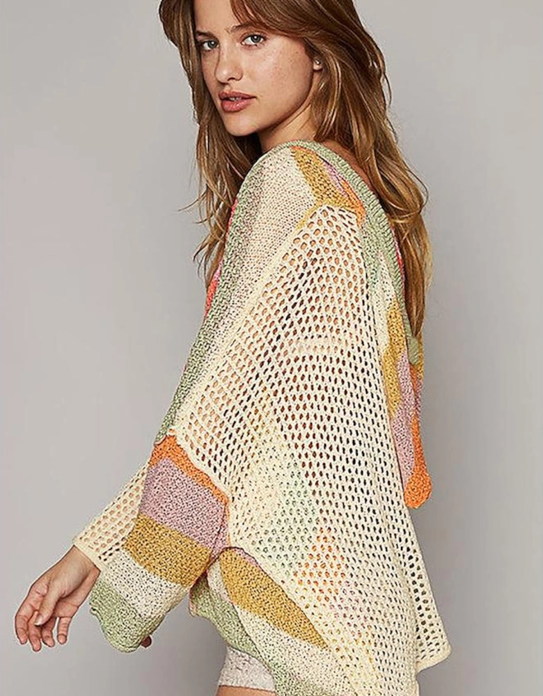 Beige Oversized Colorblock V Neck Hooded Sweater