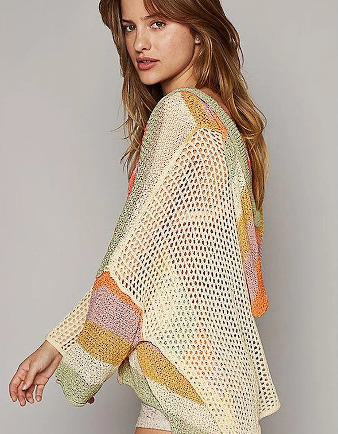 Beige Oversized Colorblock V Neck Hooded Sweater, 11 of 10