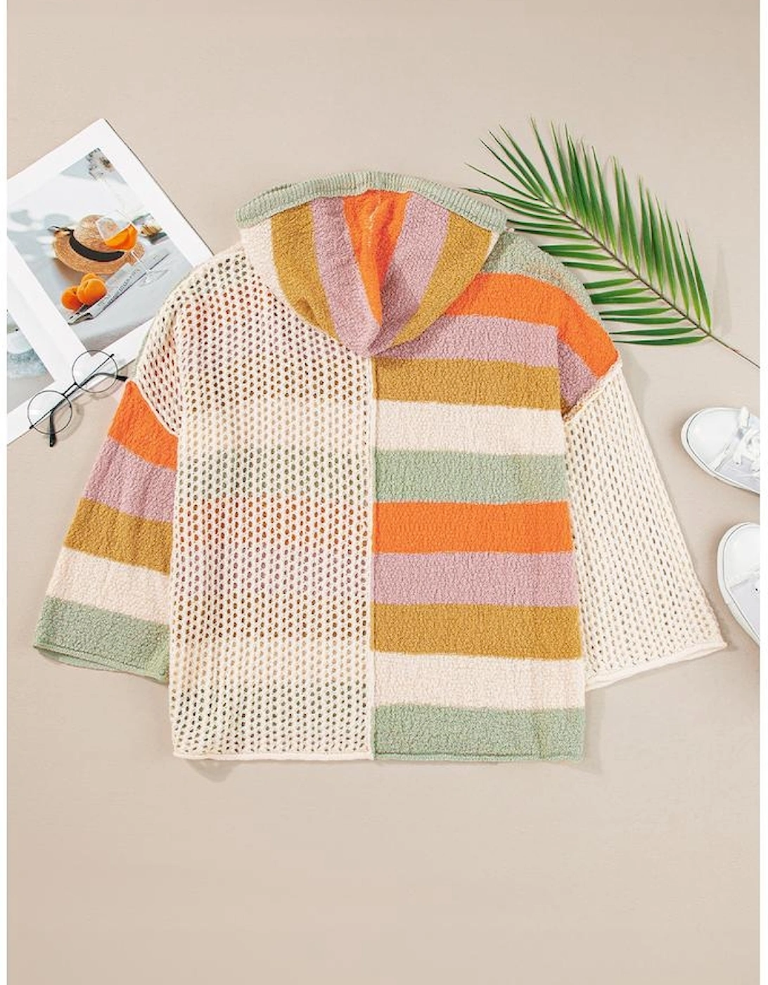 Beige Oversized Colorblock V Neck Hooded Sweater