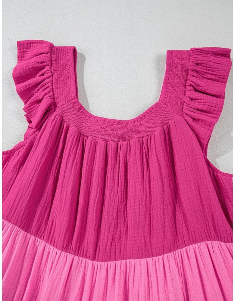 Pink Crinkled Colorblock Patchwork Flutter Tiered Mini Dress