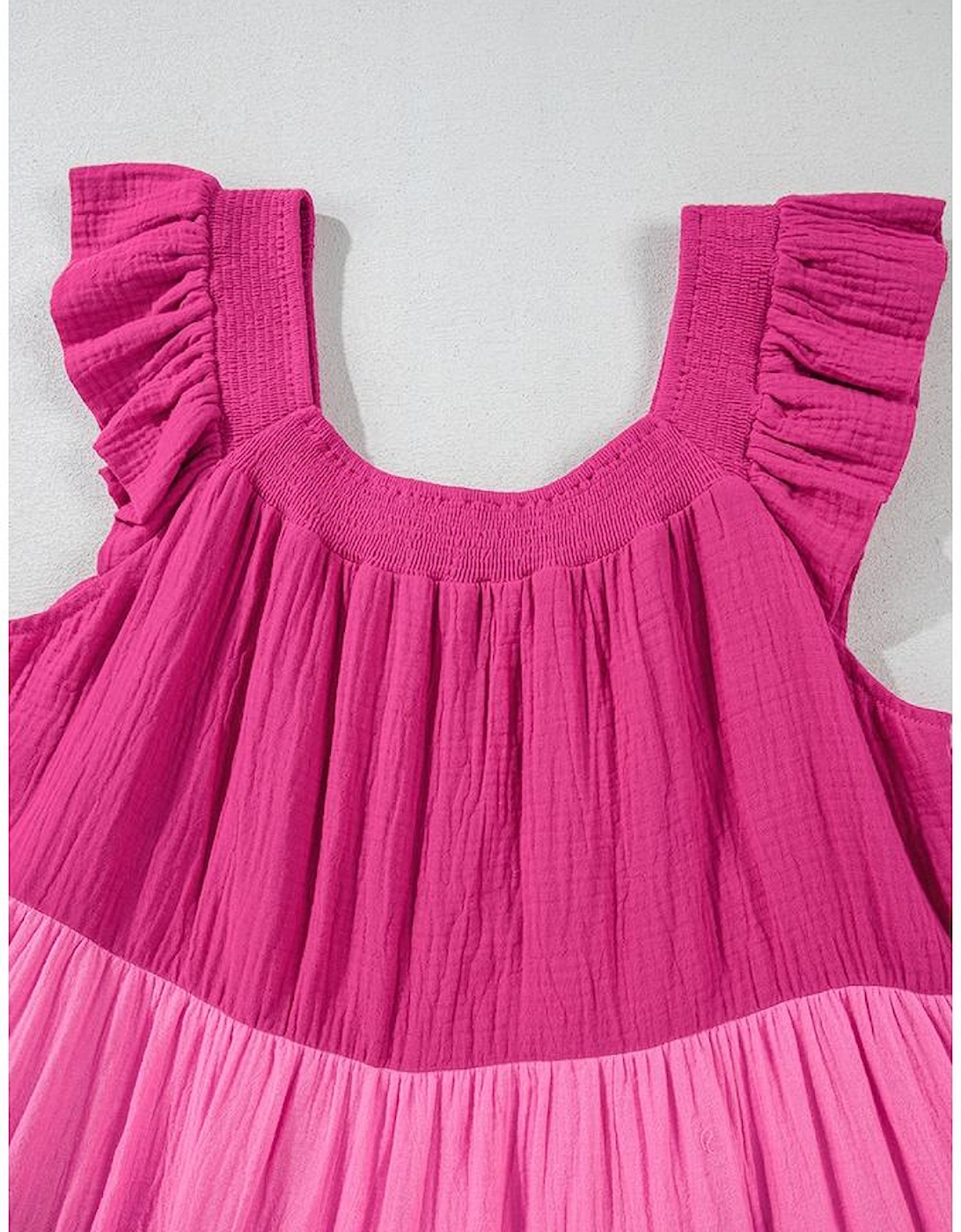 Pink Crinkled Colorblock Patchwork Flutter Tiered Mini Dress
