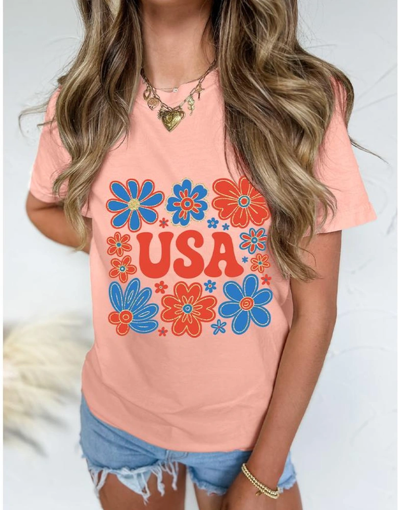 Pink Shimmer Flower USA Letter Printed Casual T Shirt