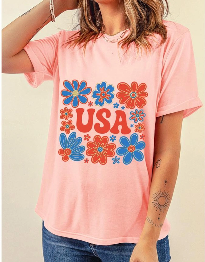 Pink Shimmer Flower USA Letter Printed Casual T Shirt