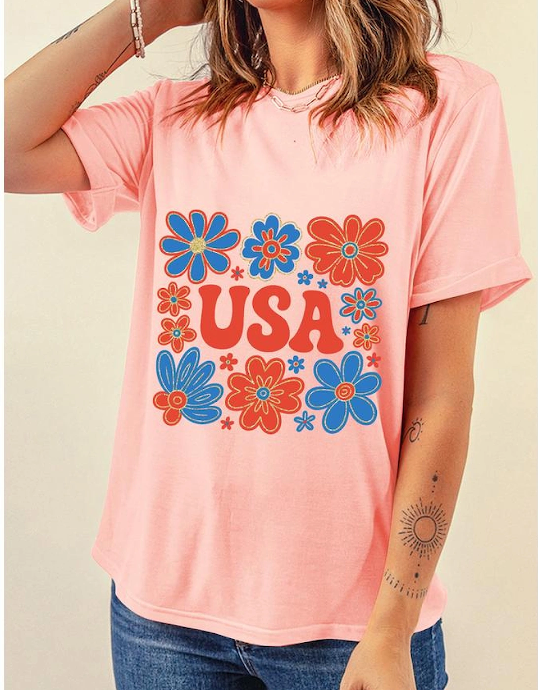 Pink Shimmer Flower USA Letter Printed Casual T Shirt