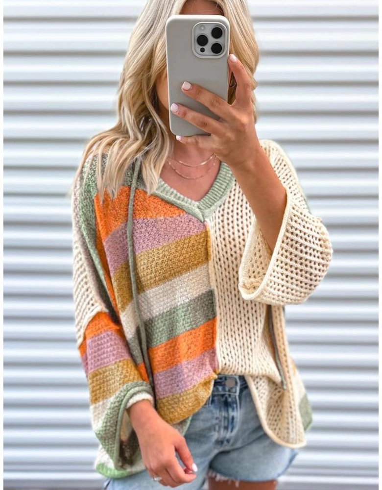 Beige Oversized Colorblock V Neck Hooded Sweater