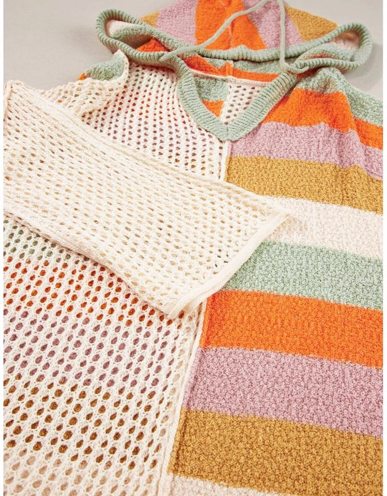 Beige Oversized Colorblock V Neck Hooded Sweater