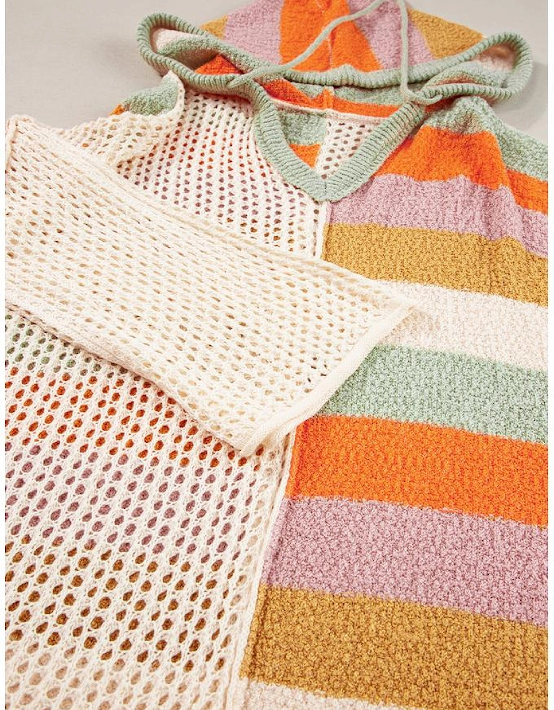 Beige Oversized Colorblock V Neck Hooded Sweater